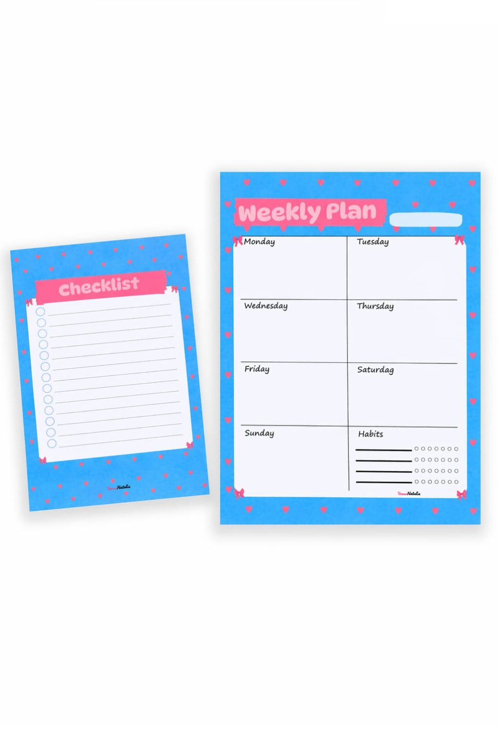 Weekly Planner A5 + Checklist A6 Set – Ongedateerd – Weekplanner met Habit Tracker – To Do Lijst – Blauw met Roze Hartjes – Bureau Planner – Cadeau voor Vrouwen